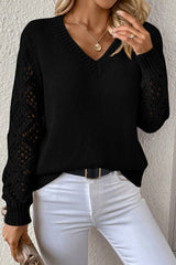 Black Solid V Neck Pointelle Knit Sleeve Patchwork Sweater