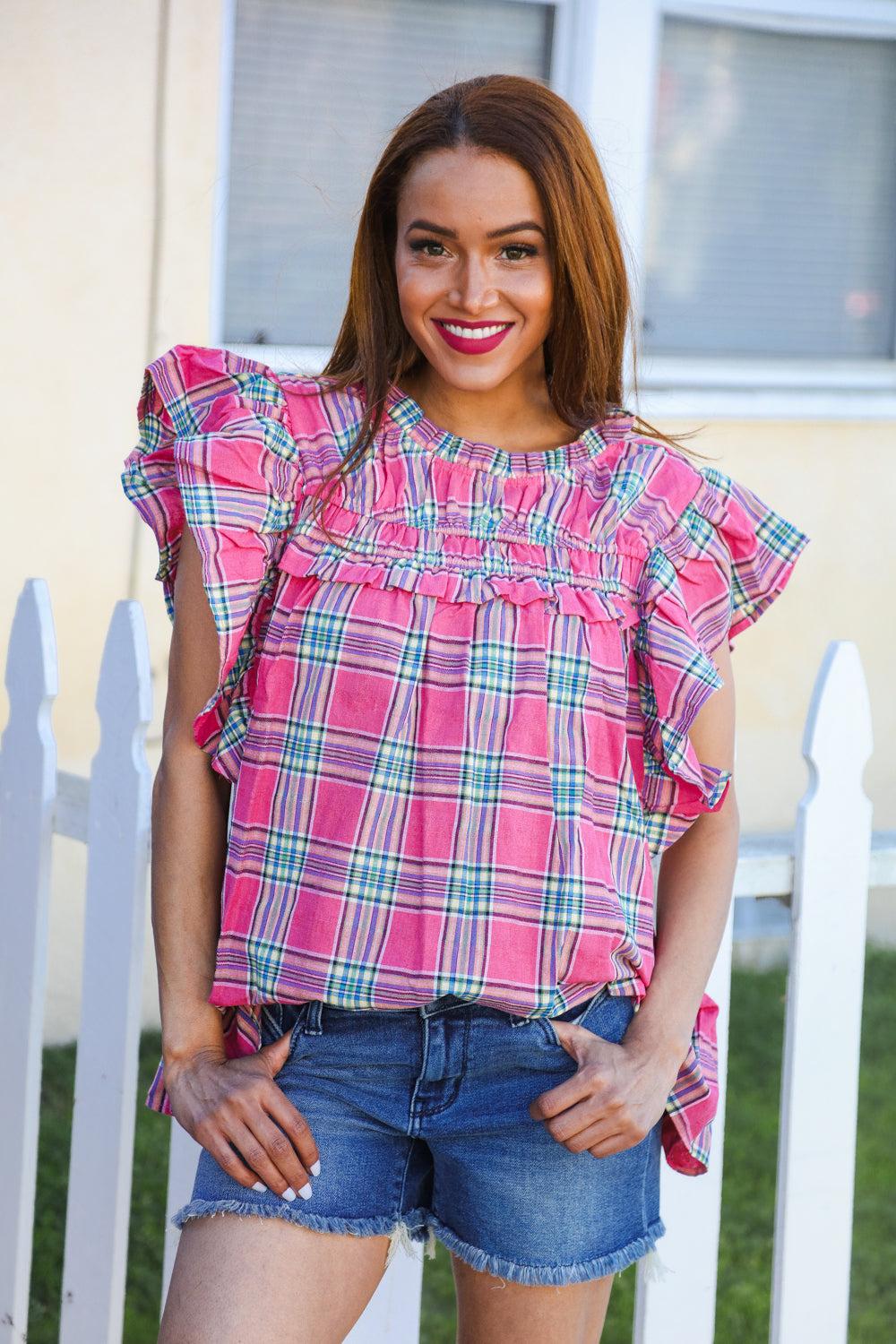 Live For Today Cotton Fuchsia Plaid Shirred Flutter Sleeve Top