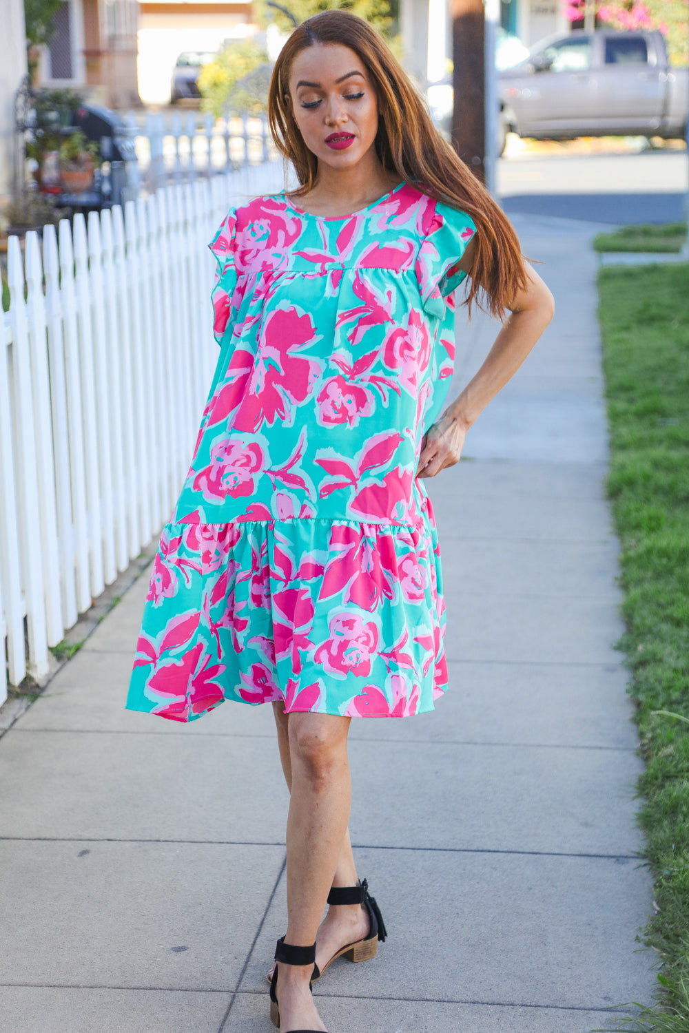 Diva Dreaming Aqua Floral Print Tiered Ruffle Sleeve Dress