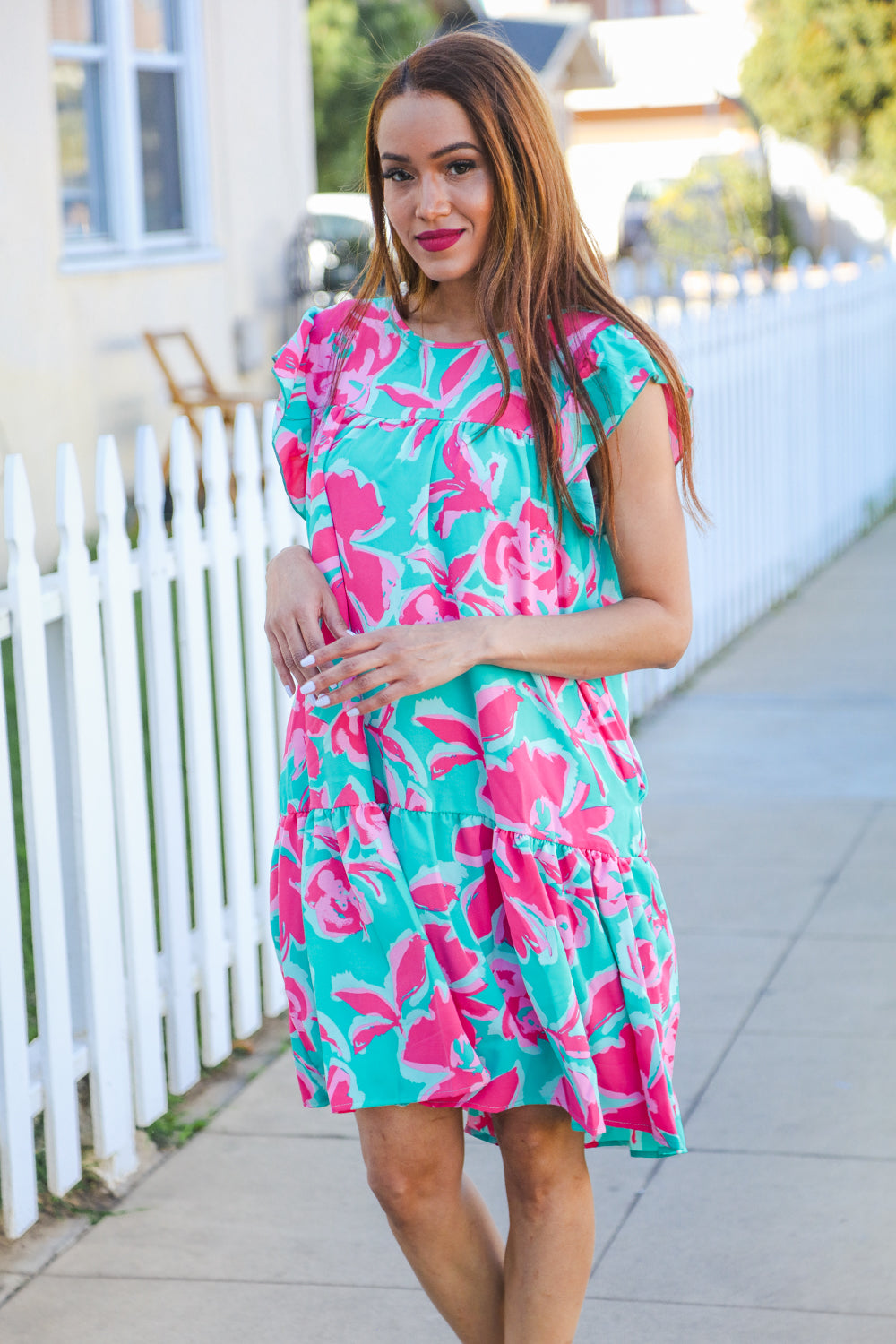 Diva Dreaming Aqua Floral Print Tiered Ruffle Sleeve Dress