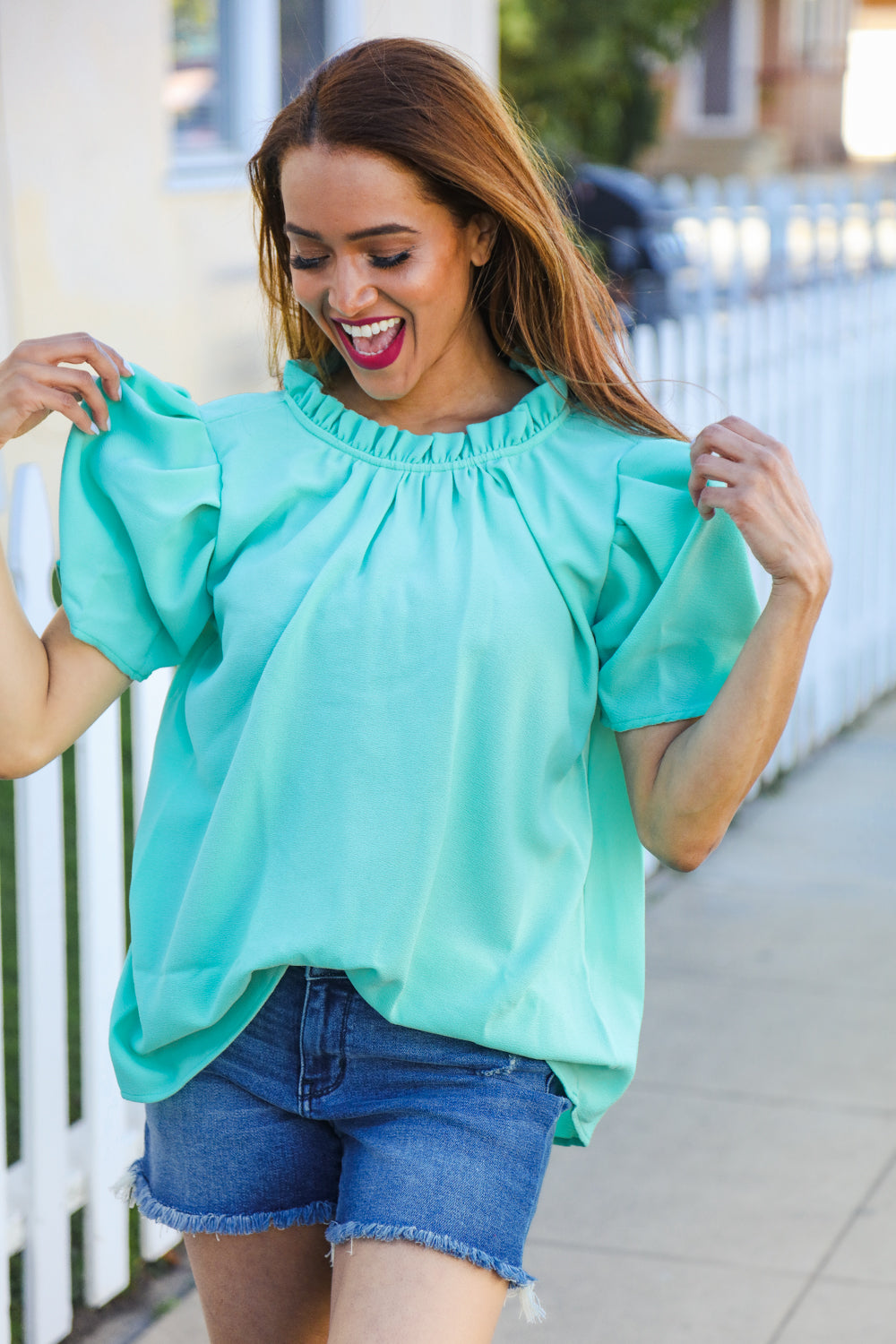 Follow Me Mint Frill Mock Neck Woven Top