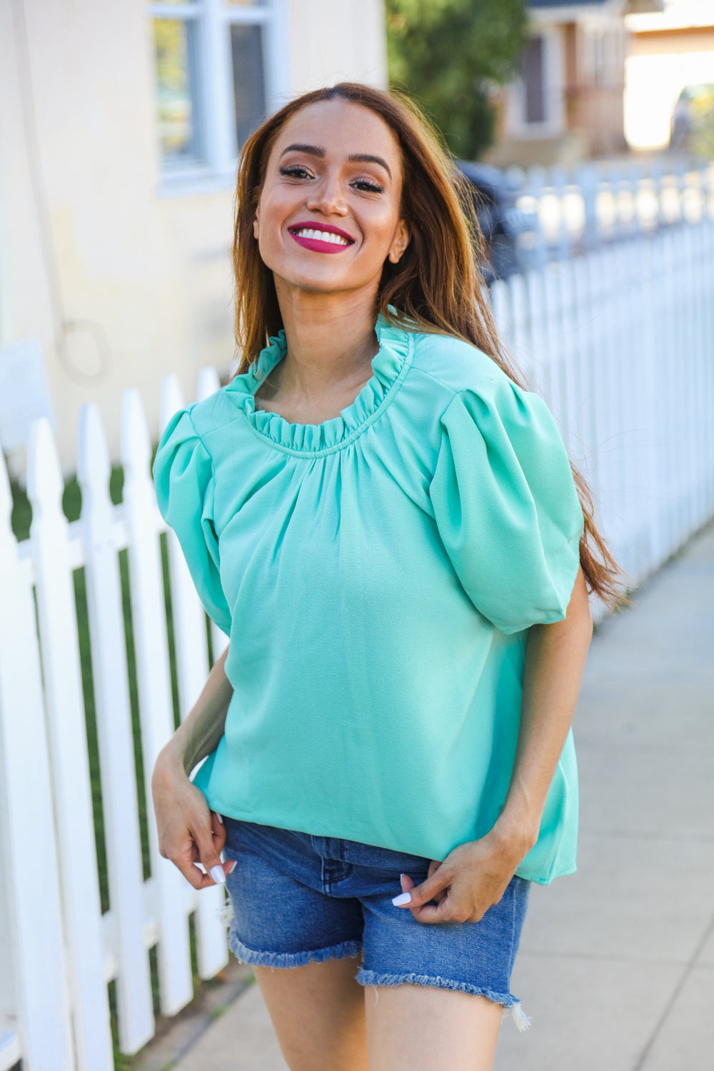 Follow Me Mint Frill Mock Neck Woven Top