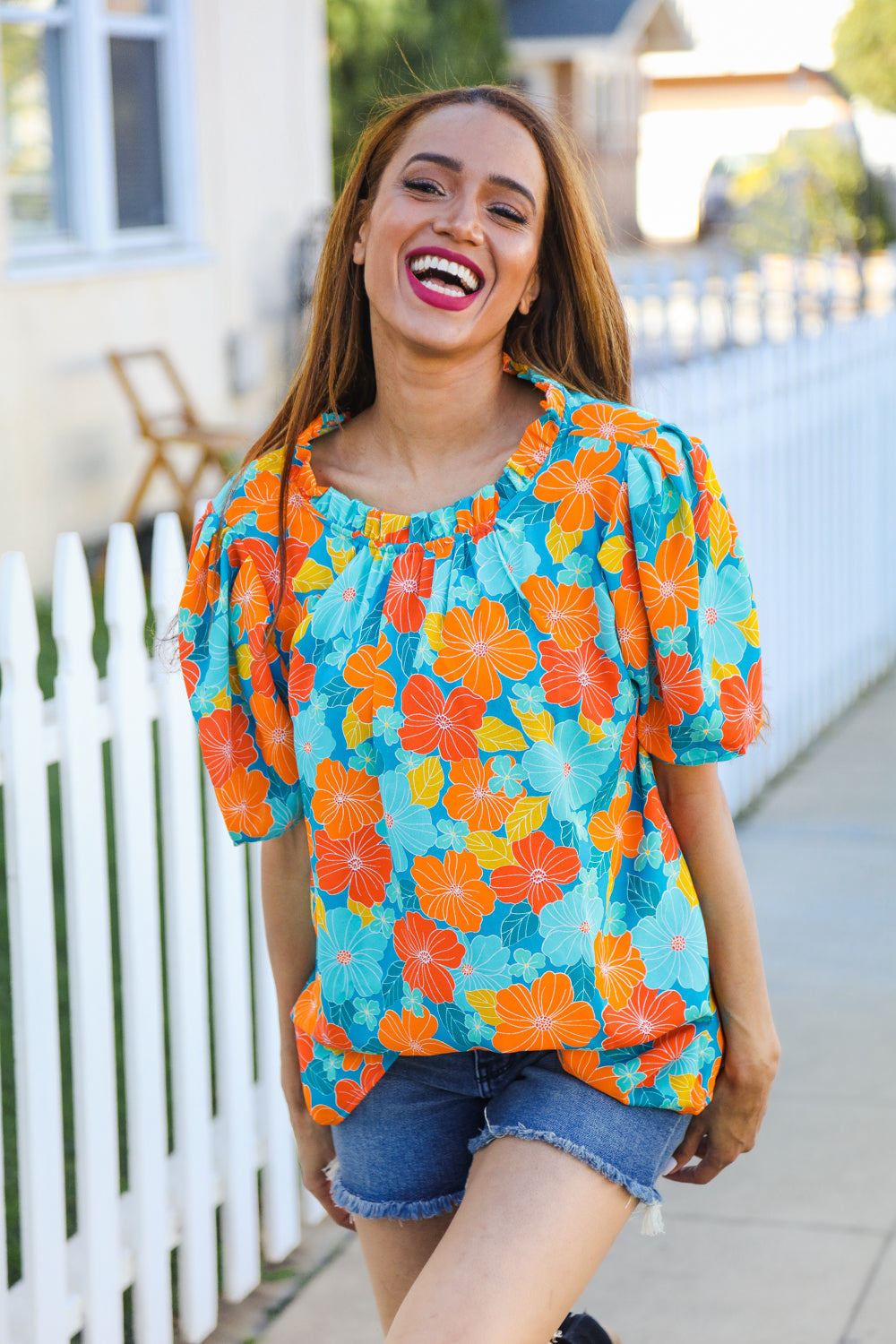 Vacay Ready Blue & Orange Floral Frill Mock Neck Top