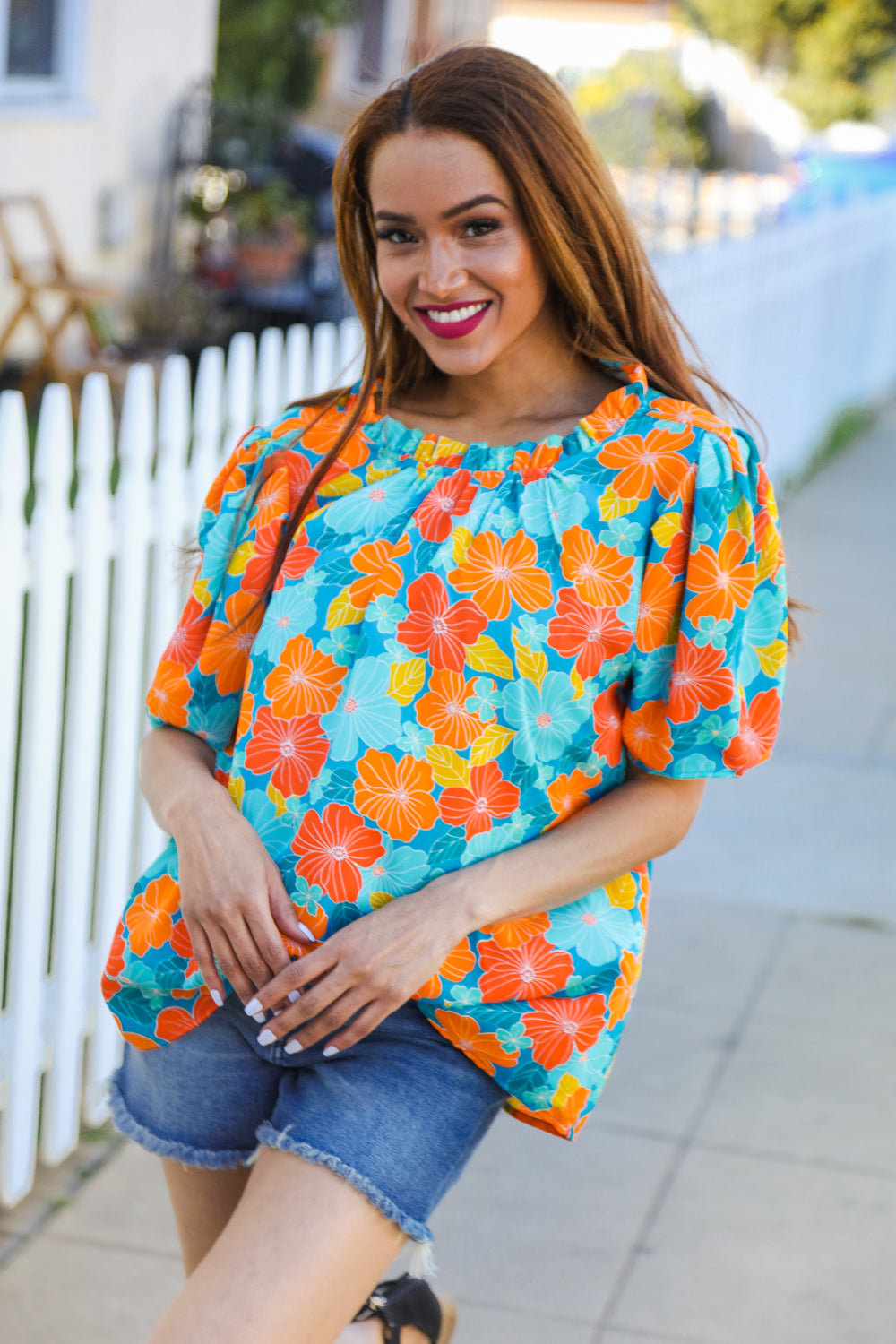 Vacay Ready Blue & Orange Floral Frill Mock Neck Top