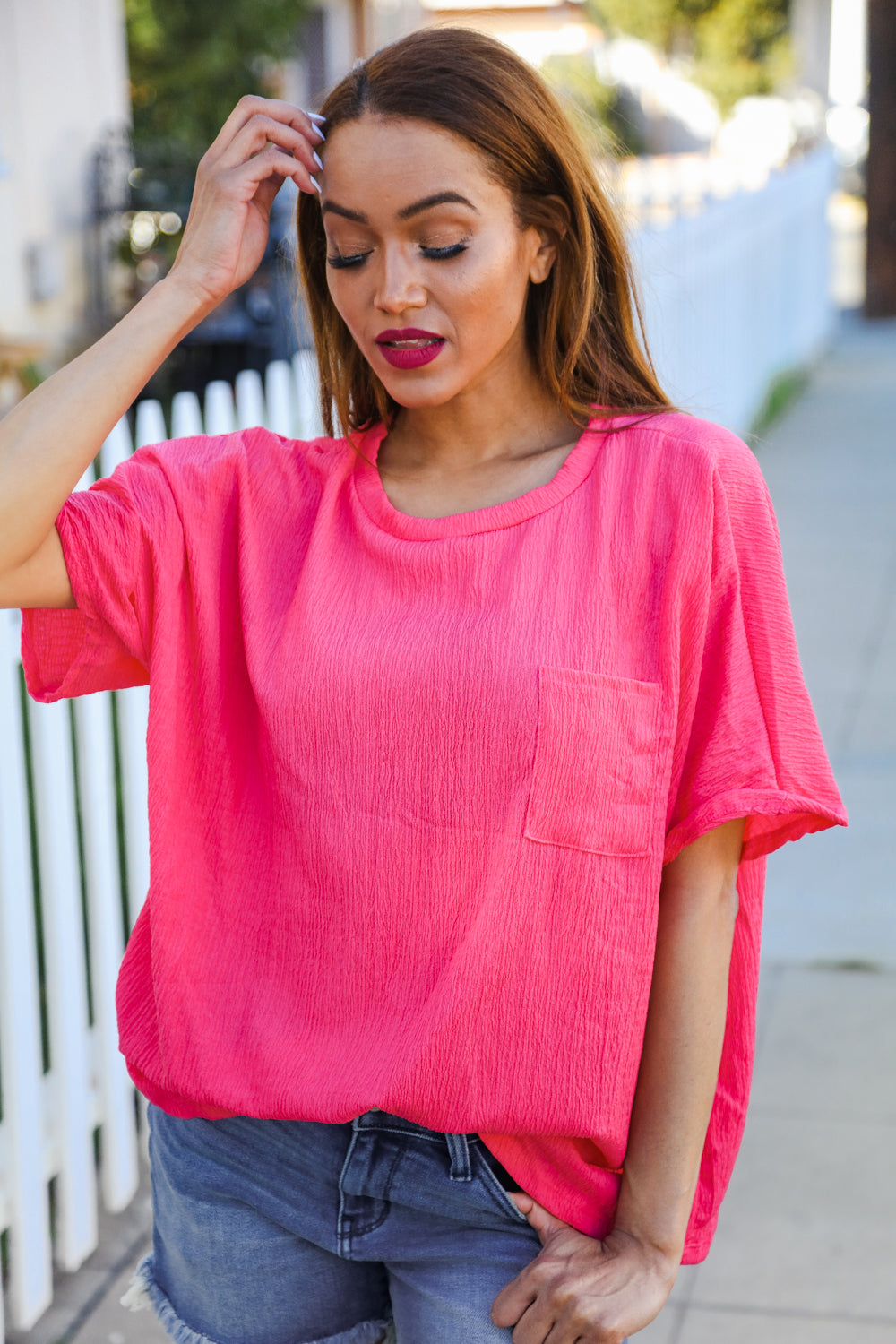 Be Bold Coral Crinkle Texture Pocketed Dolman Top