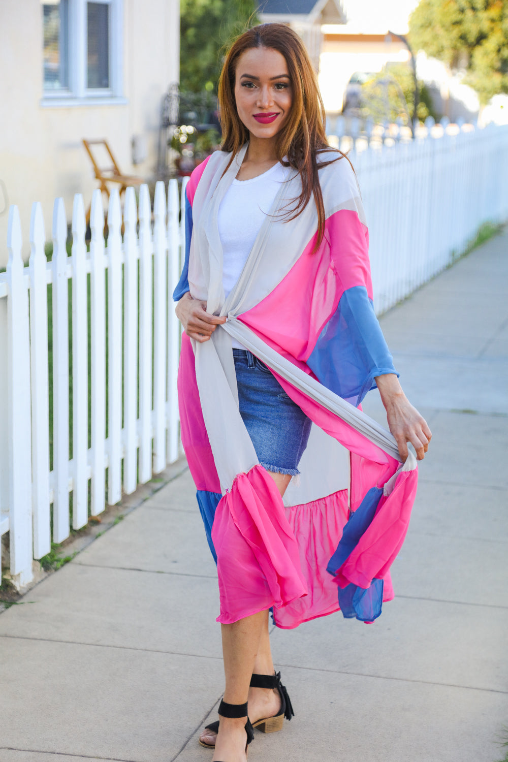 Feel Your Best Taupe & Fuchsia Color Block Ruffle Hem Kimono