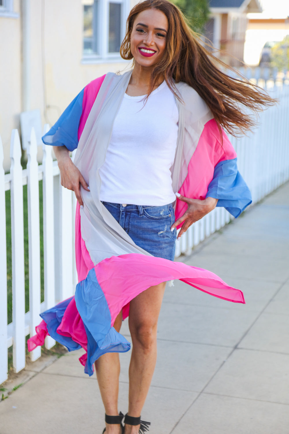 Feel Your Best Taupe & Fuchsia Color Block Ruffle Hem Kimono