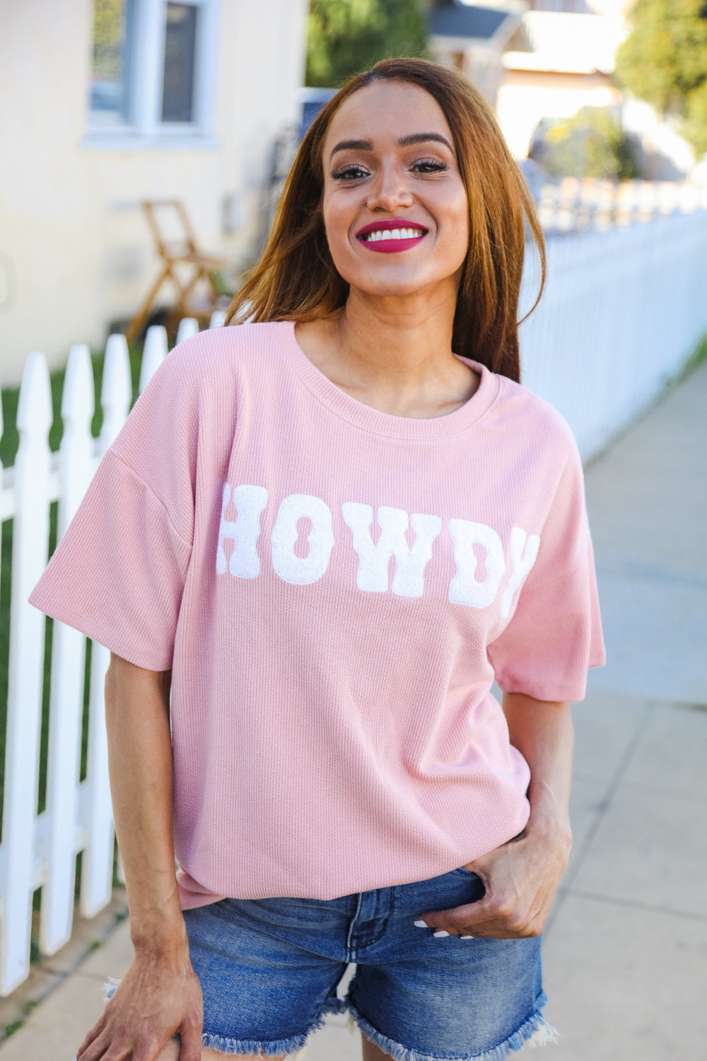 Pink Pop-Up Embroidered "HOWDY" Ribbed Top