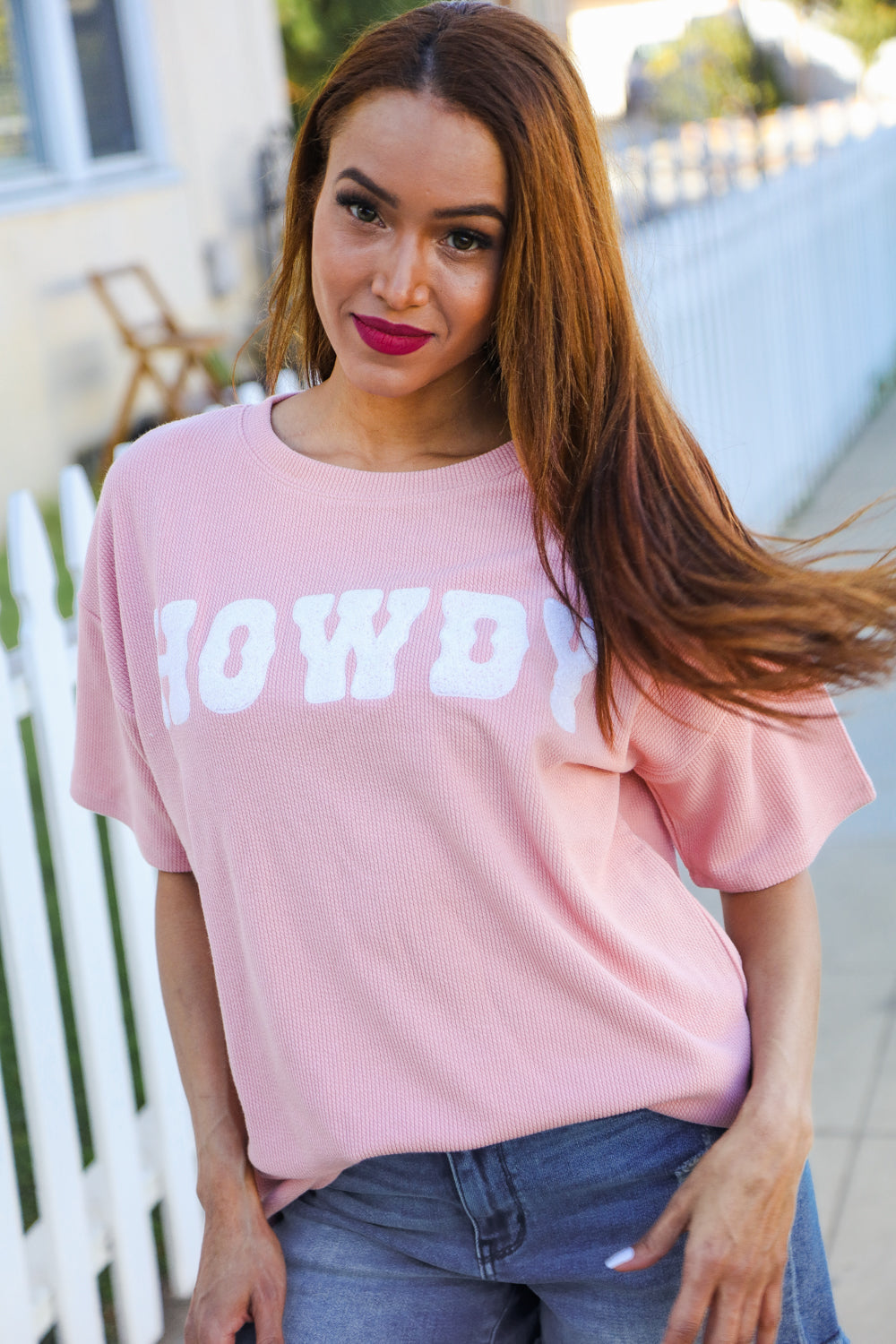 Pink Pop-Up Embroidered "HOWDY" Ribbed Top