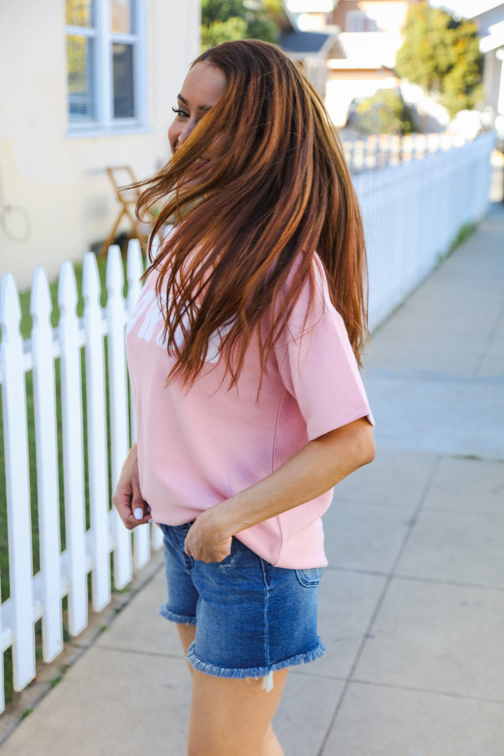 Pink Pop-Up Embroidered "HOWDY" Ribbed Top