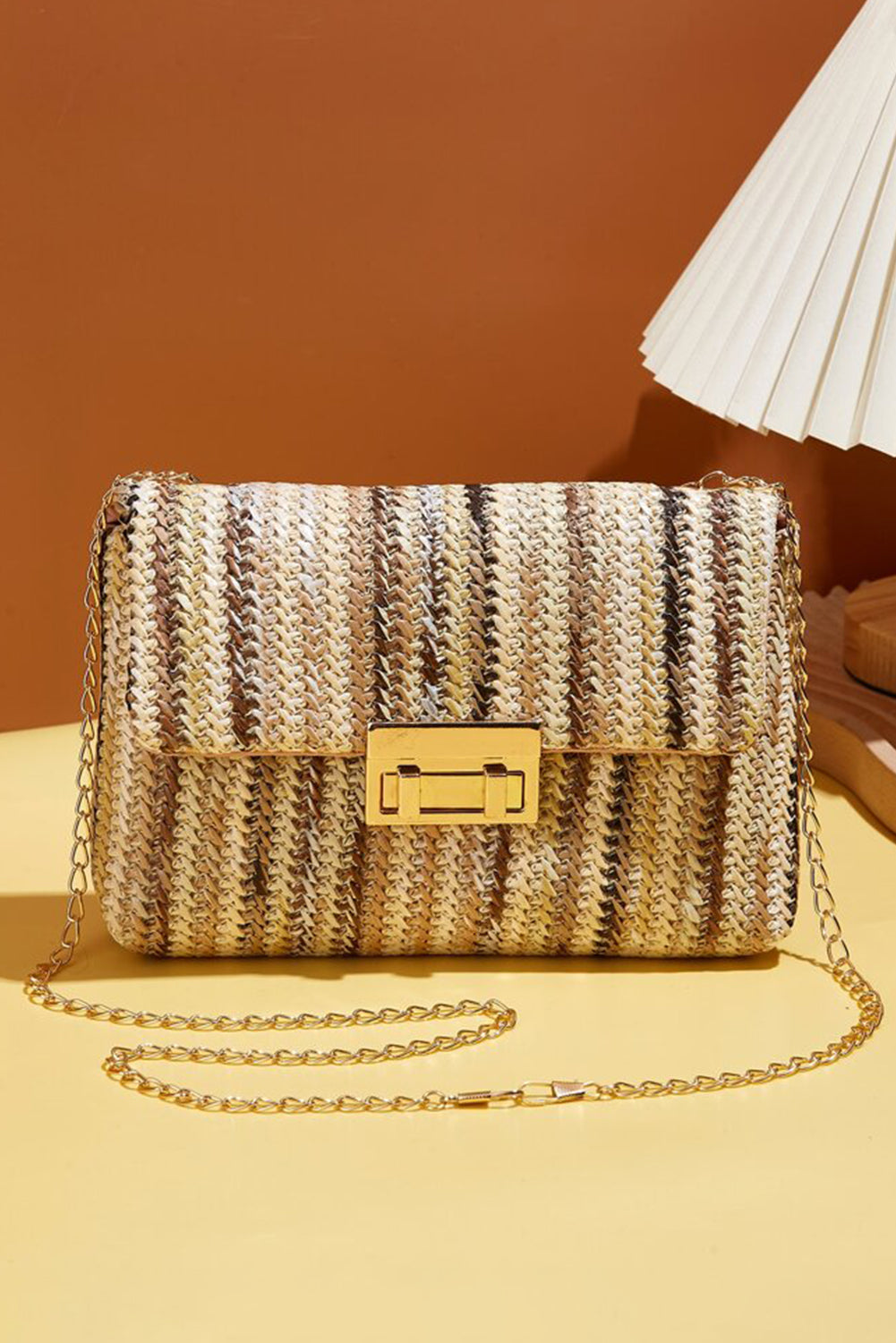 Strawberry Pink Straw Plaited Gold Chain Clasp Closure Single Shoulder Bag