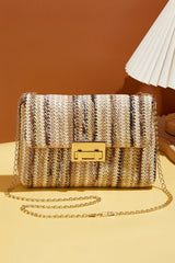 Strawberry Pink Straw Plaited Gold Chain Clasp Closure Single Shoulder Bag