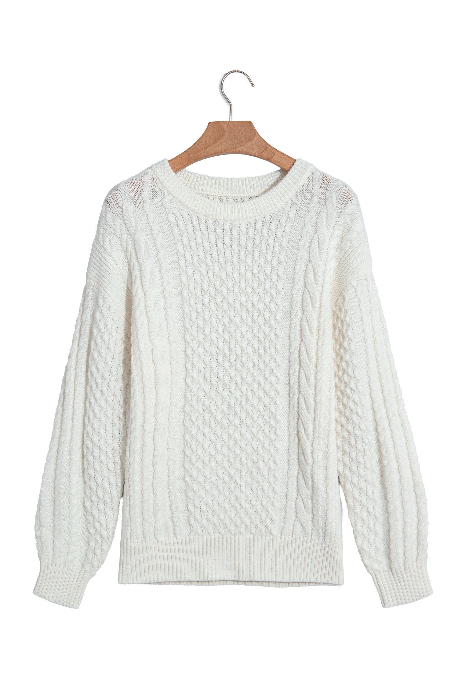 Beige Solid Color Cable Detail Knit Loose Round Neck Sweater