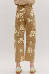 Khaki Floral Print Metal Button Pleated Straight Leg Jeans