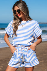 Pink Stripe Knitted Short Sleeve Top and Drawstring Shorts Set