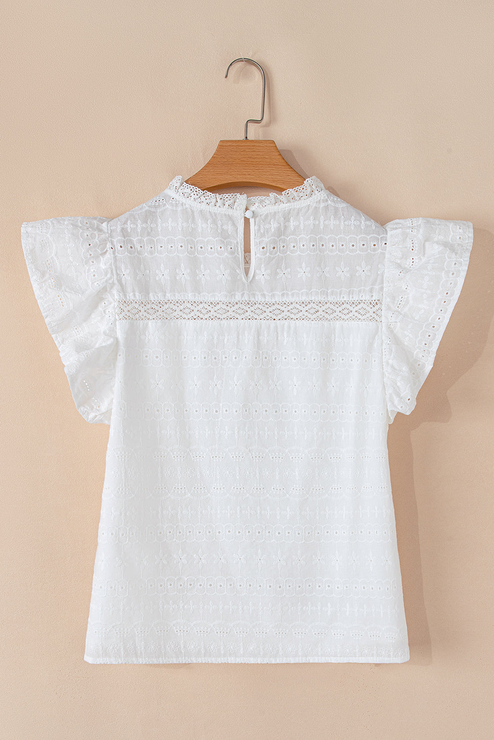 White Lace Neck Flutter Sleeve Eyelet Blouse