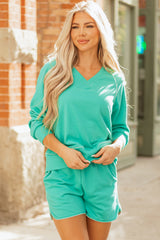 Dark Green Colorblock Trim V Neck Pullover Top and Shorts Set