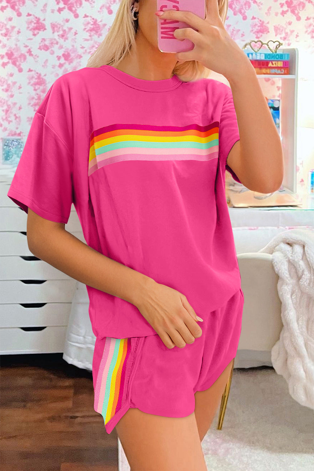 Beige Vibrant Striped Detail Athleisure 2pcs Short Set