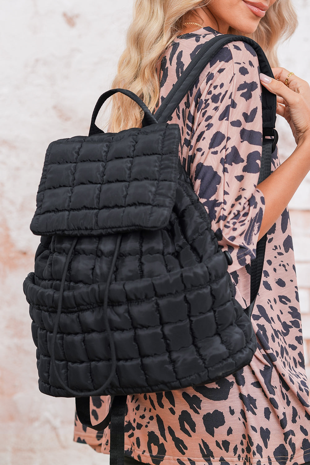 Medium Grey Solid Flapped Quilted Puffer Backpack