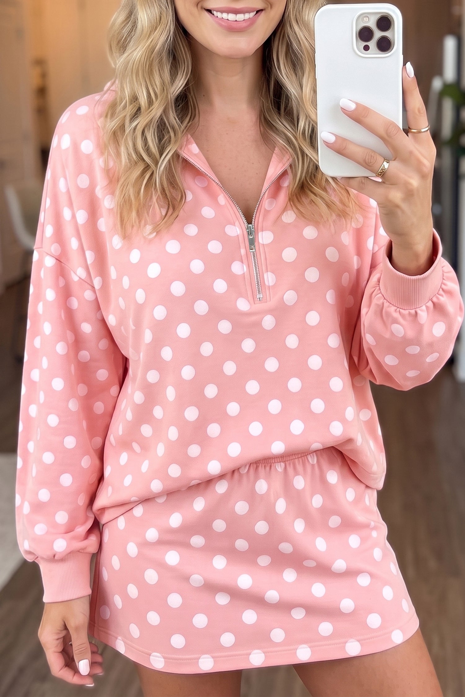 Orange Polka Dot Hooded Long Sleeve Top Casual Mini Skort Set