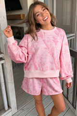 Pink Abstract Print Ribbed Crewneck Long Sleeve Top Elastic Waist Short Set