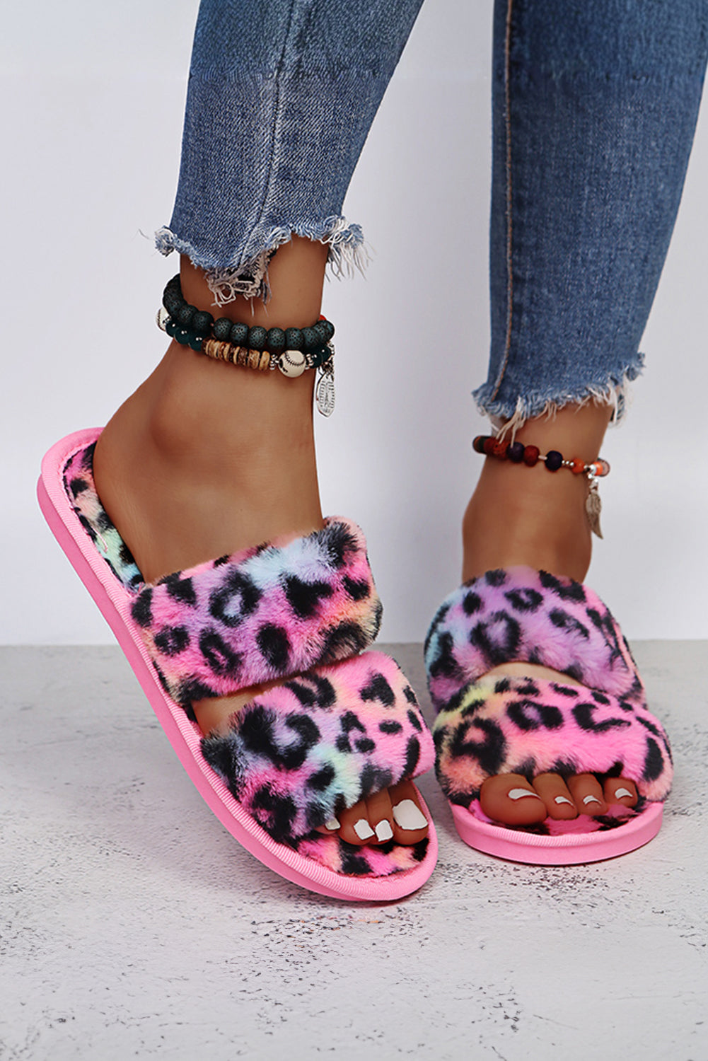 Rose Red Bold Plush Leopard Double Band Flat Slippers