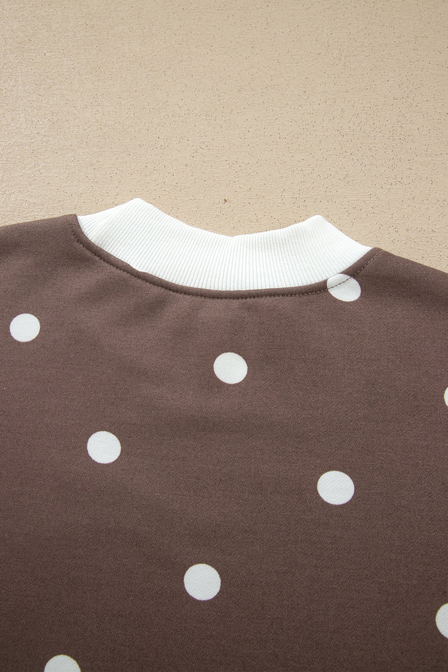 Brown Polka Dot Ribbed Trim Long Sleeve Top Casual Short Set