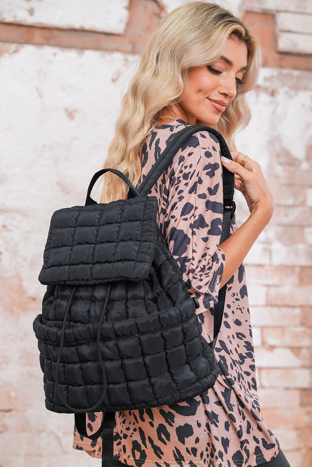 Medium Grey Solid Flapped Quilted Puffer Backpack