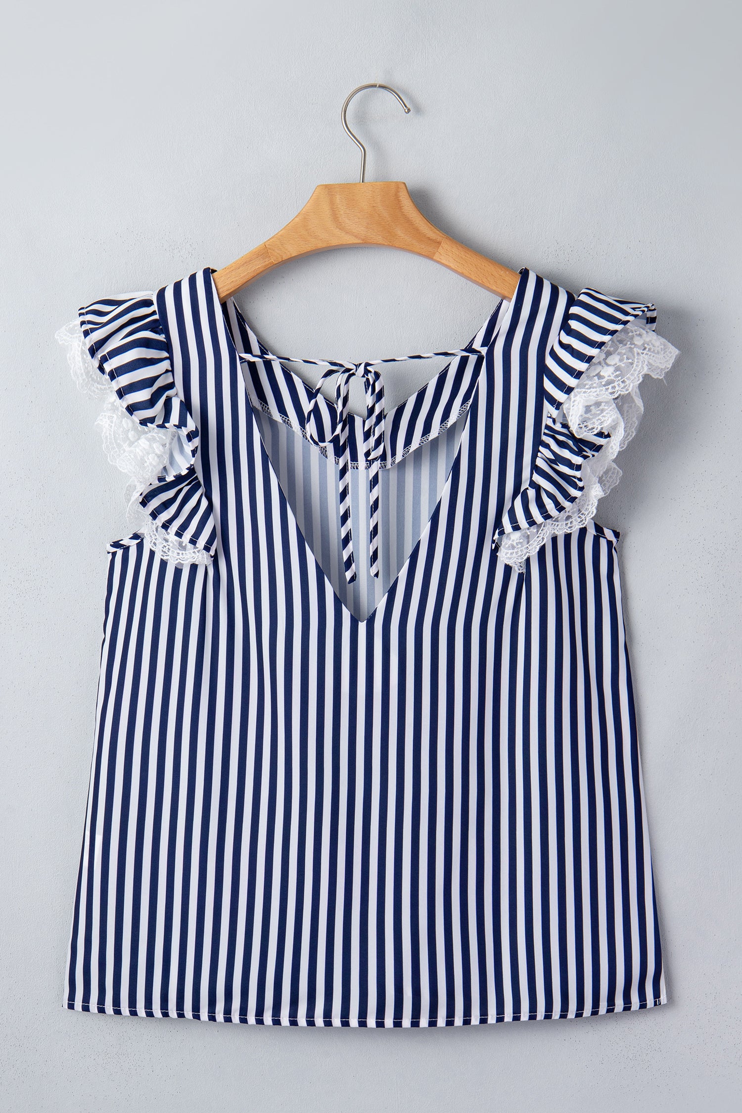 Blue Stripe V Neck Lace Contrast Ruffle Trim Tank Top