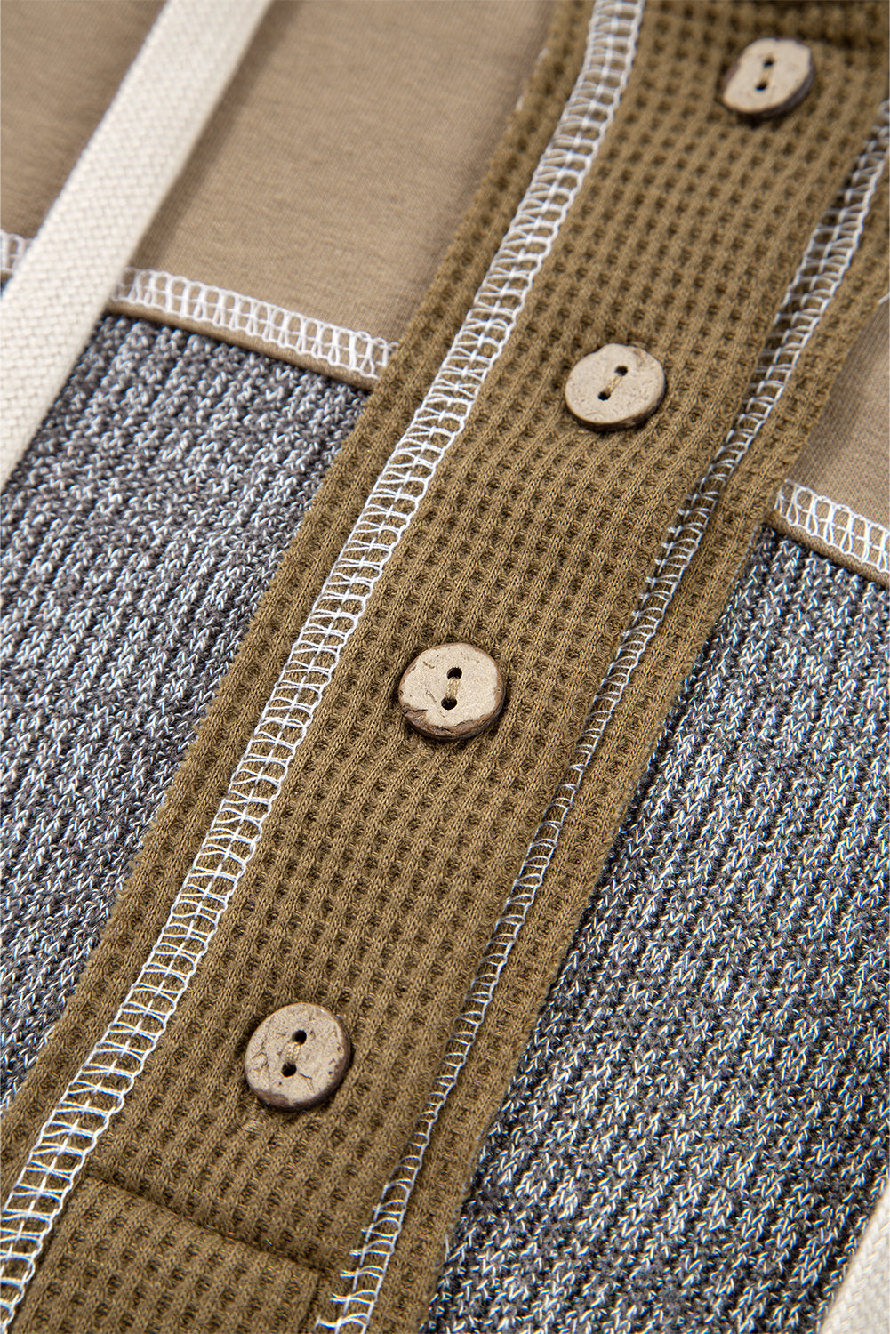 Jungle Green Mixed Texture Patchwork Exposed Seam Half Button Hooded Sweatshirt