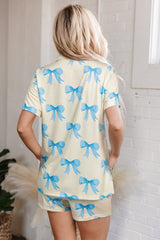 Yellow Bow Printed Short Sleeve Shirt Shorts Pajama Set