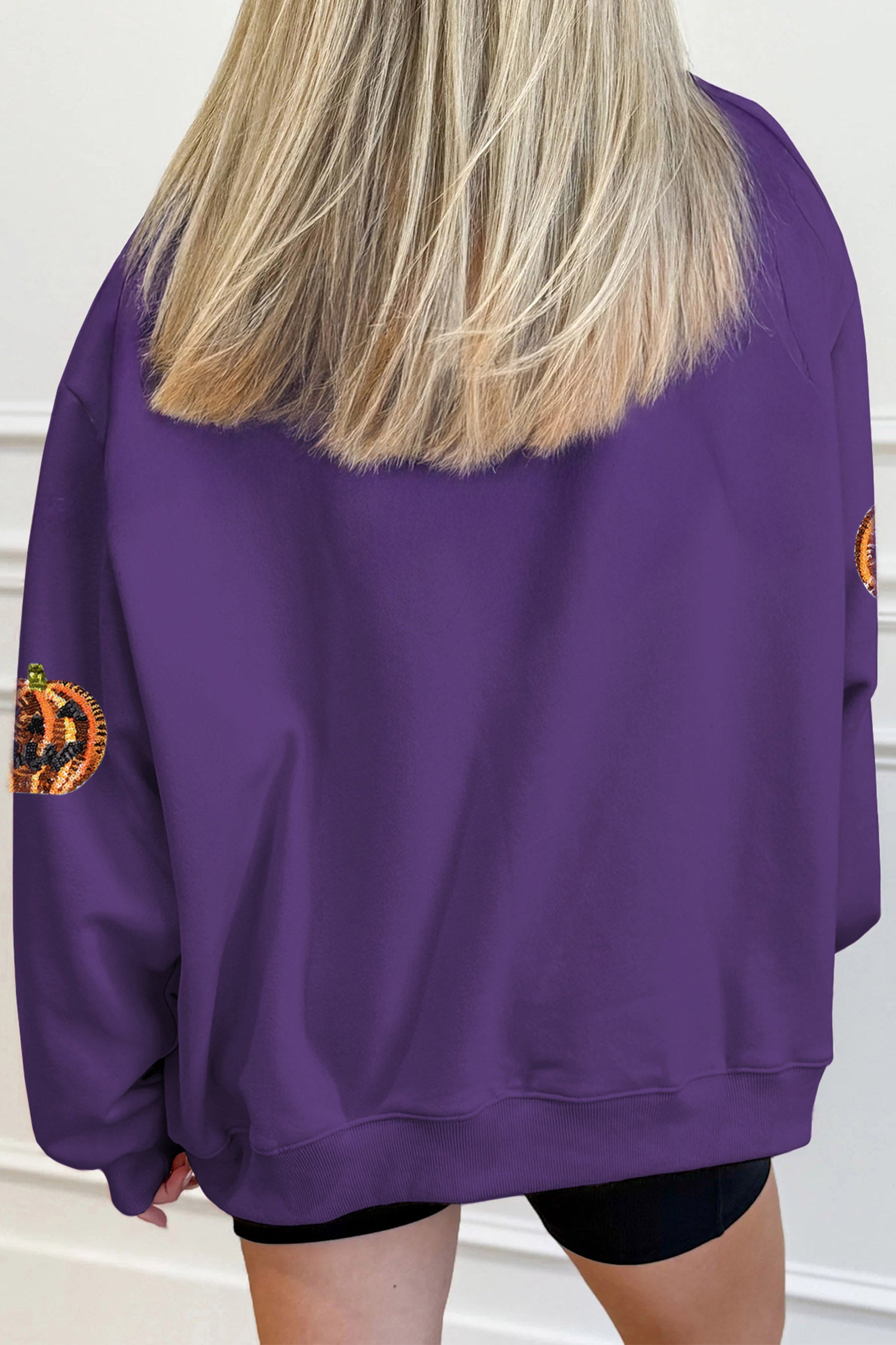 Tillandsia Purple Sequin Pumpkin Spooky Graphic Halloween Pullover Sweatshirt