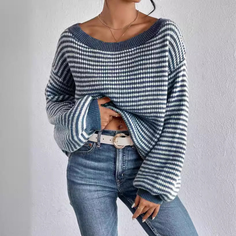 Off-neck Shoulder-baring Sweater Contrast Color