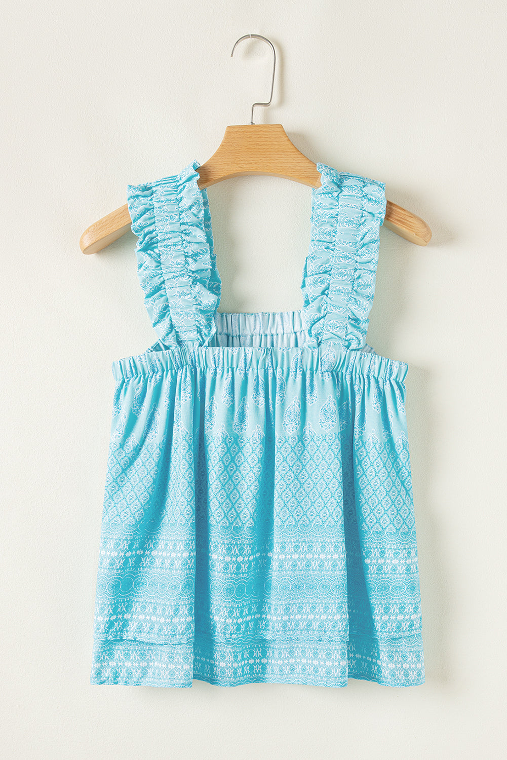 Sky Blue Floral Print Ruffled Wide Strap Loose Top
