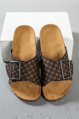 Coffee Retro Geometric Print Buckle Strap Flat Slippers