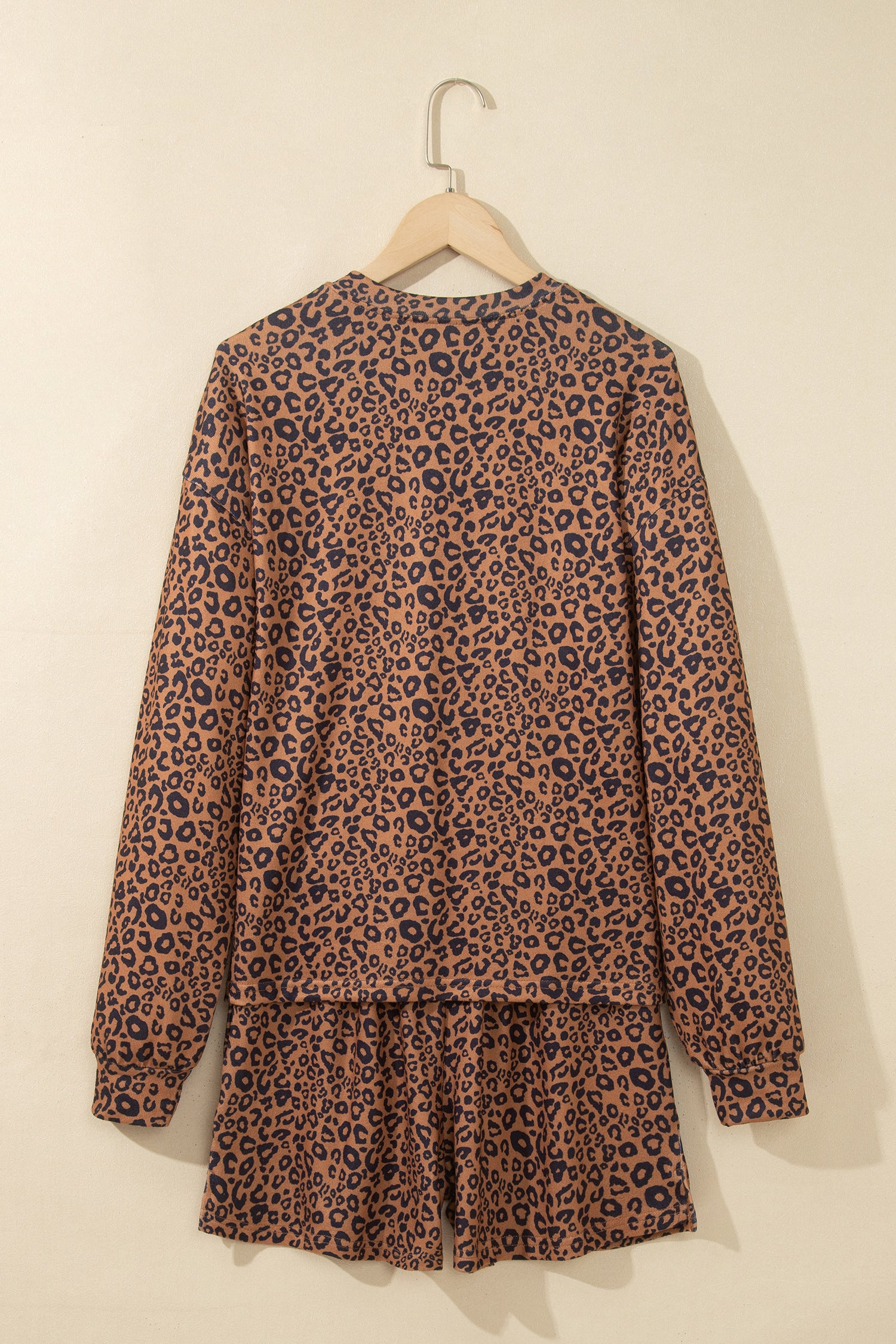 Brown Leopard Print Long Sleeve Henley Top Elastic Waist Shorts 2pcs Outfit