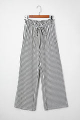 Black Stripe Tied High Waist Loose Straight Casual Pants