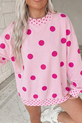 Pink Polka Dot Print Contrast Detail Oversized Tunic Sweatshirt