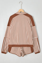 Brown Stripe Color Block Patchwork Quarter Zip Pullover Sporty Shorts Set