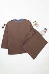 Dark Brown Long Sleeve Round Neck Patchwork Colorblock Plus Size Set