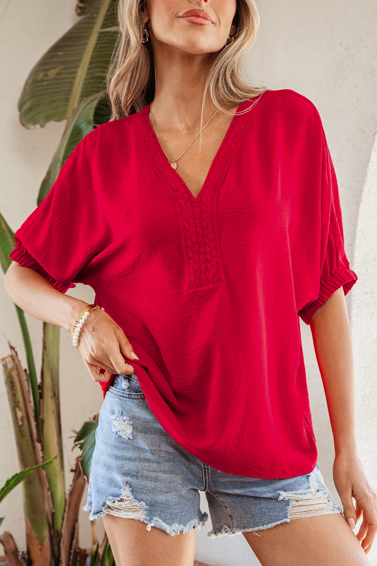 Racing Red Braided Trim V Neck Half Sleeve Blouse