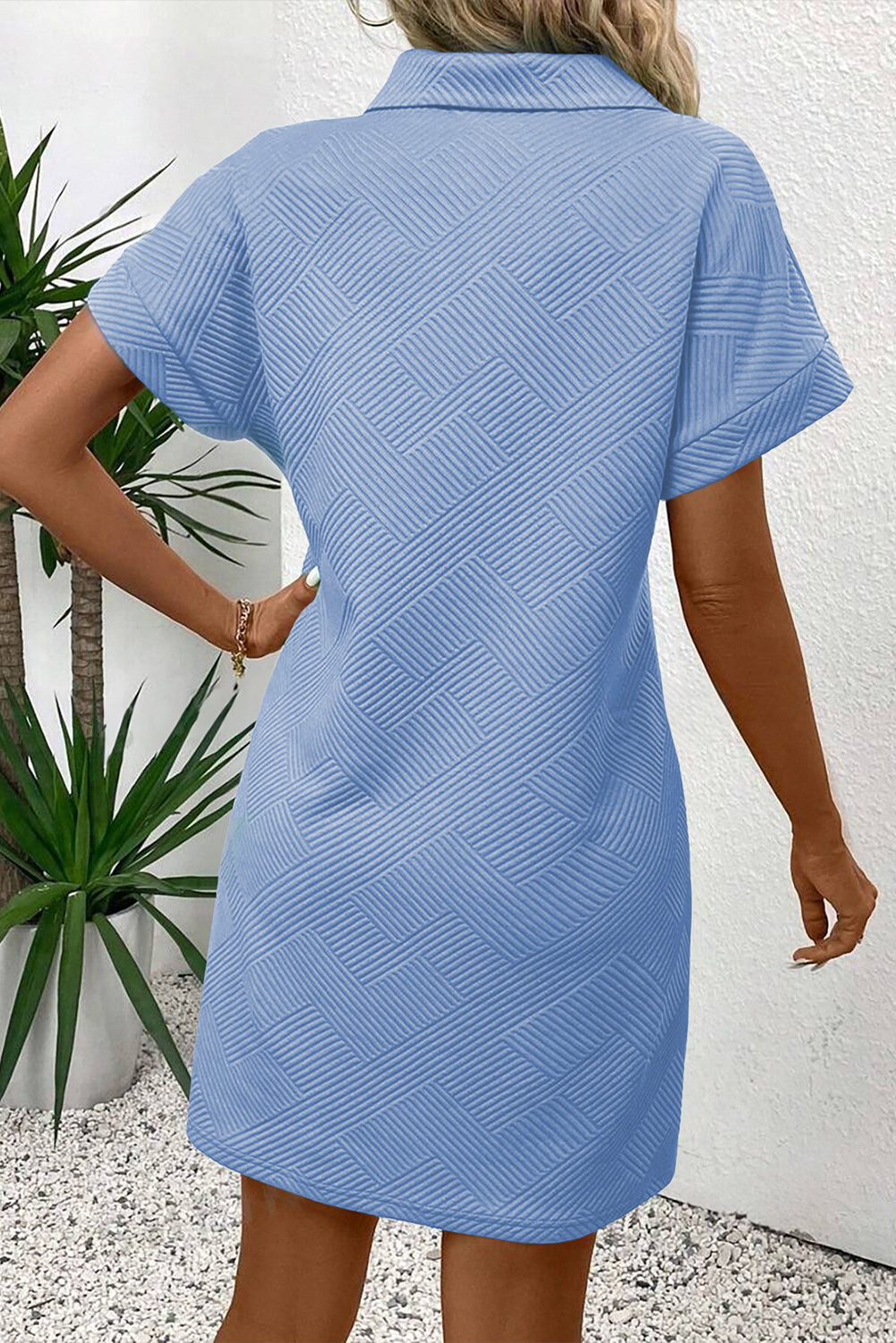Sky Blue Solid Color Textured Short Sleeve A Line Mini Dress