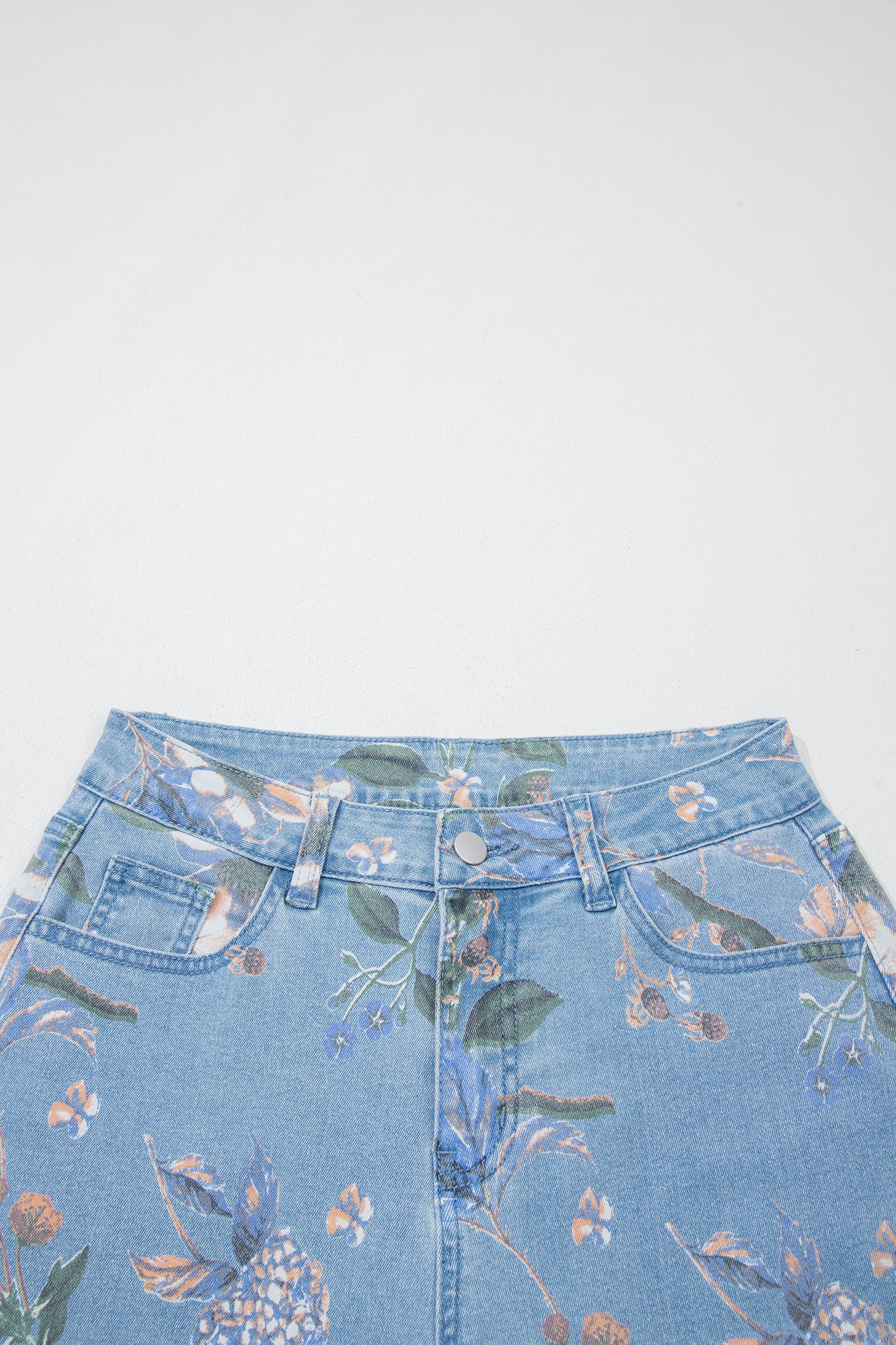 Sky Blue Retro Floral Print Frayed Hem Shift Jeans