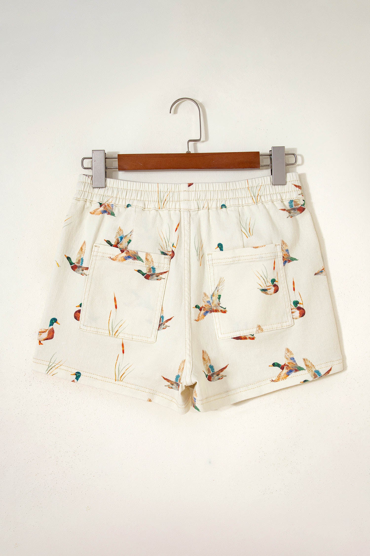 Beige Wild Duck Mallard Printed Drawstring Denim Shorts