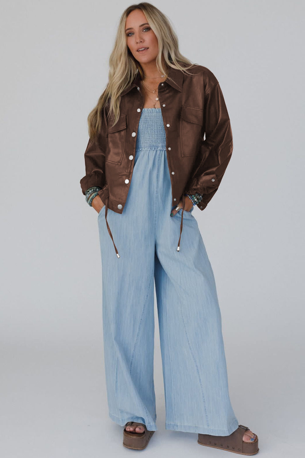 Chicory Coffee Flap Pocket Drawstring Hem Leather Jacket