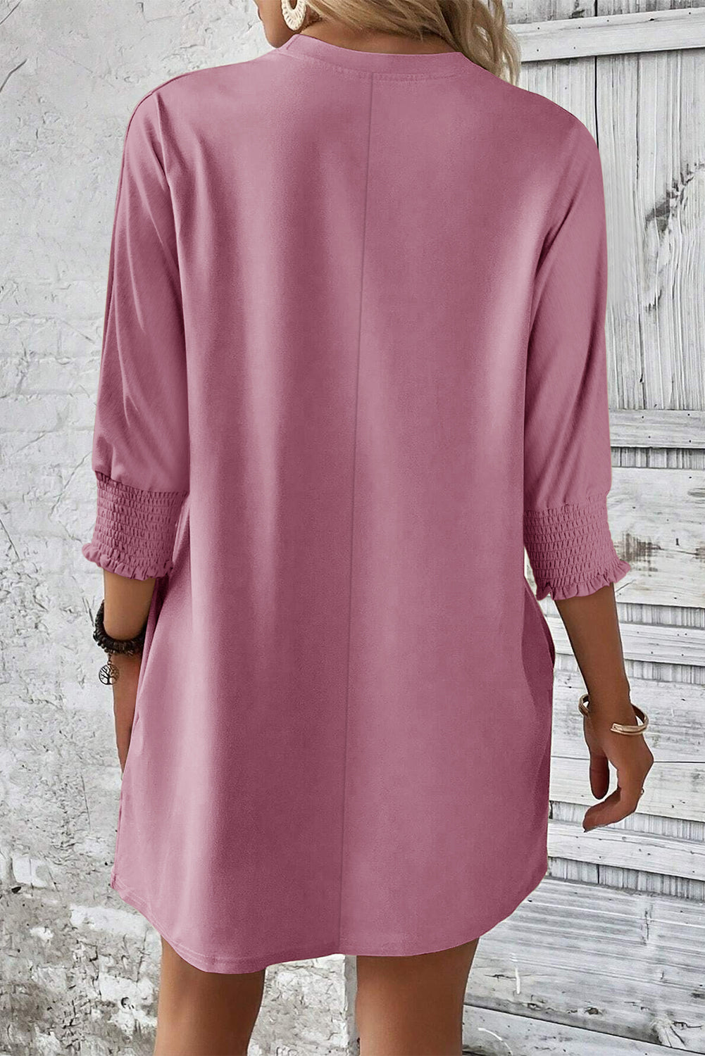 Pink Shirred Cuff 3/4 Sleeve T Shirt Mini Dress