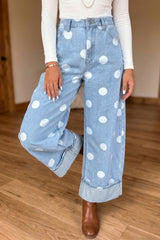 Sky Blue Polka Dot Ankle-Length Metal Button Casual Jeans