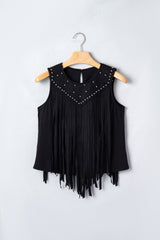 Black Western Fringe Rivet Paneling Bust Sleeveless Top