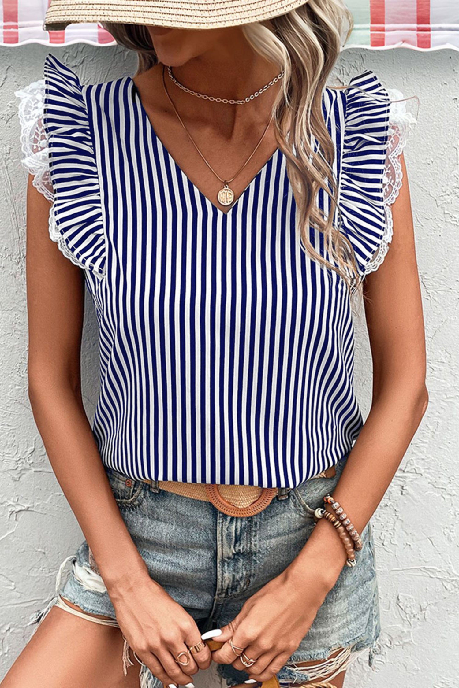 Blue Stripe V Neck Lace Contrast Ruffle Trim Tank Top