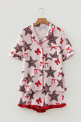White Leopard Star Ribbon Bow Print Contrast Trim Short Pajama Set